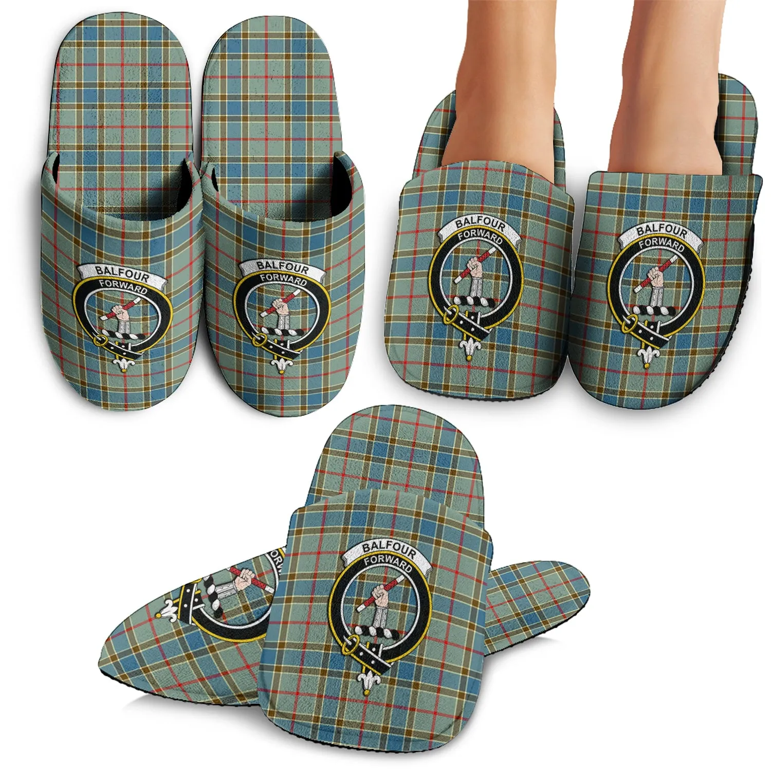 Balfour Blue Tartan Home Slippers with Family Crest