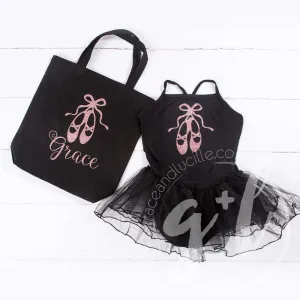 Ballet Leotard Tutu Classic Black with Ballet Slippers, Personalized Ballet Tote Bag with"Her Name"