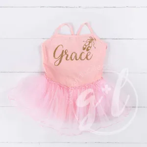 Ballet Leotard Tutu Classic Pink with Gold Ballet Slippers and Personalized with"Her Name"