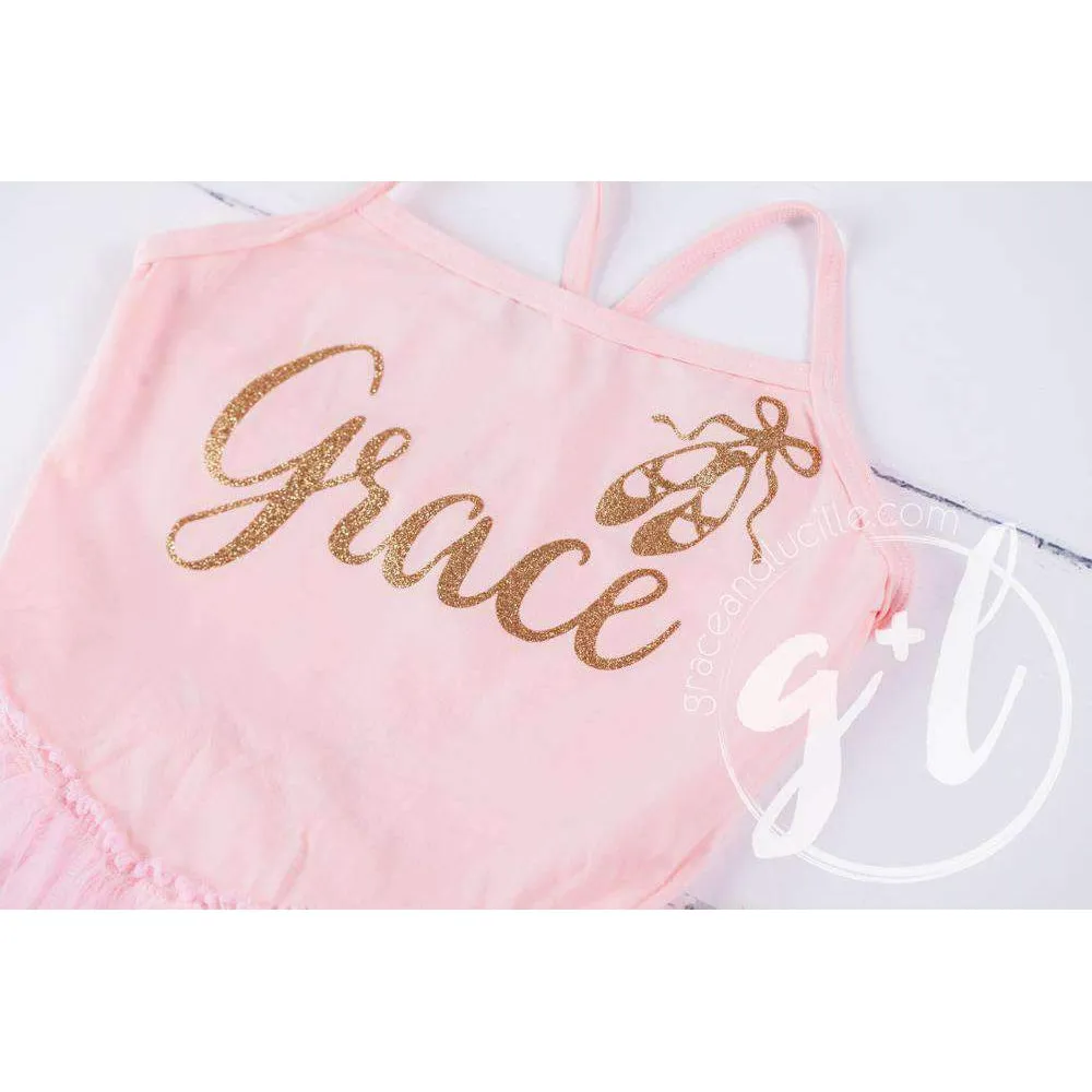 Ballet Leotard Tutu Classic Pink with Gold Ballet Slippers and Personalized with"Her Name"