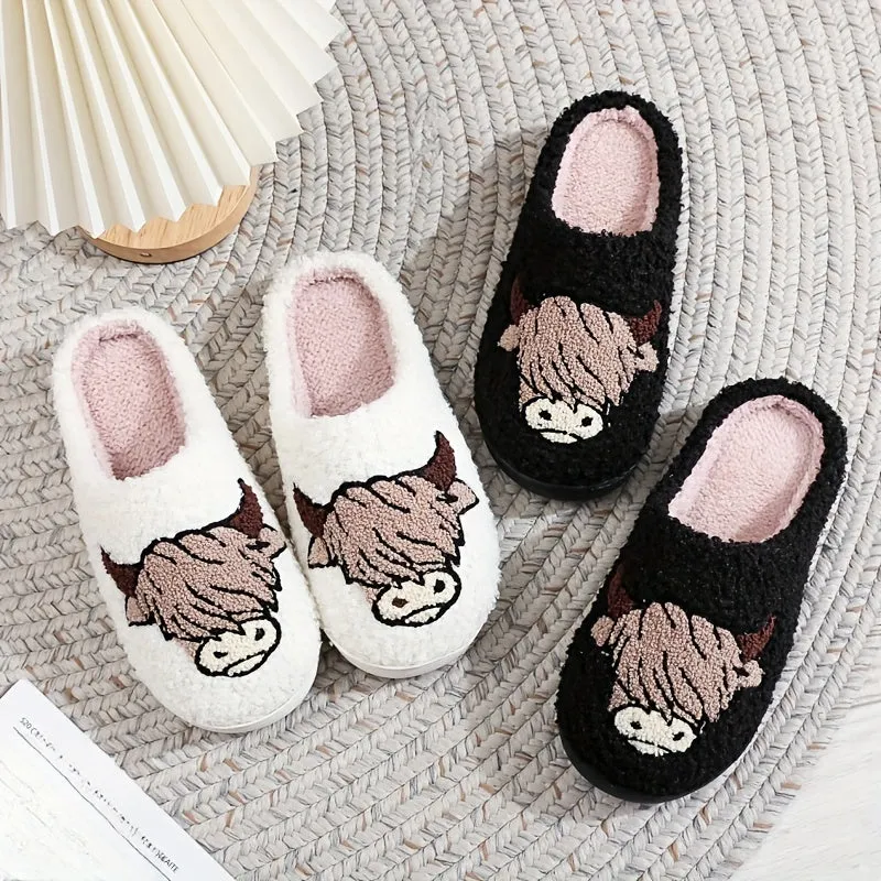 Cartoon Cow Head Graphic Men's Soft Plush Cozy House Slippers, Lightweight Breathable Anti-skid Slip-on Shoes With Fuzzy Lining For Indoor Walking, Autumn And Winter