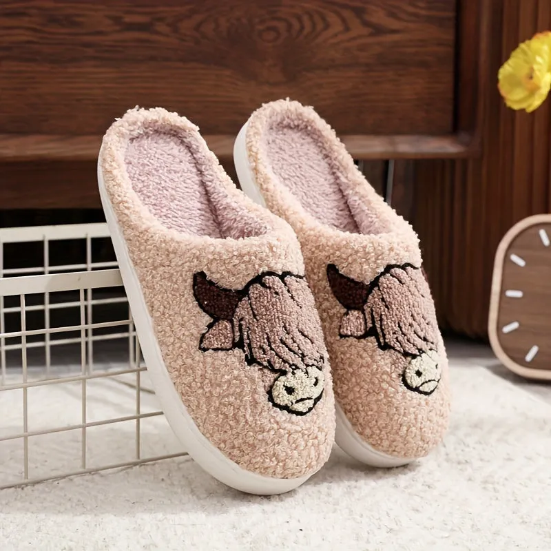 Cartoon Cow Head Graphic Men's Soft Plush Cozy House Slippers, Lightweight Breathable Anti-skid Slip-on Shoes With Fuzzy Lining For Indoor Walking, Autumn And Winter