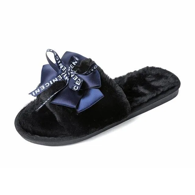 Chic Warm Cozy Plush Ribbon Bedroom Slippers