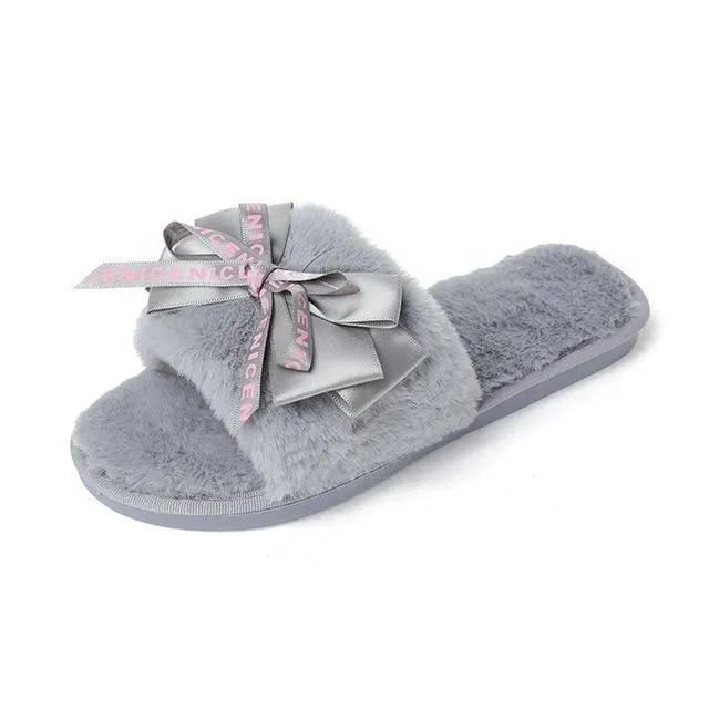 Chic Warm Cozy Plush Ribbon Bedroom Slippers