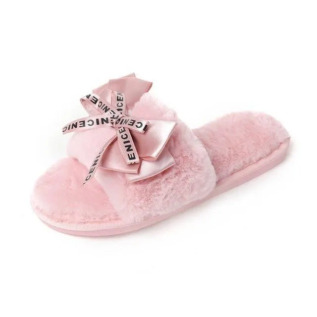 Chic Warm Cozy Plush Ribbon Bedroom Slippers