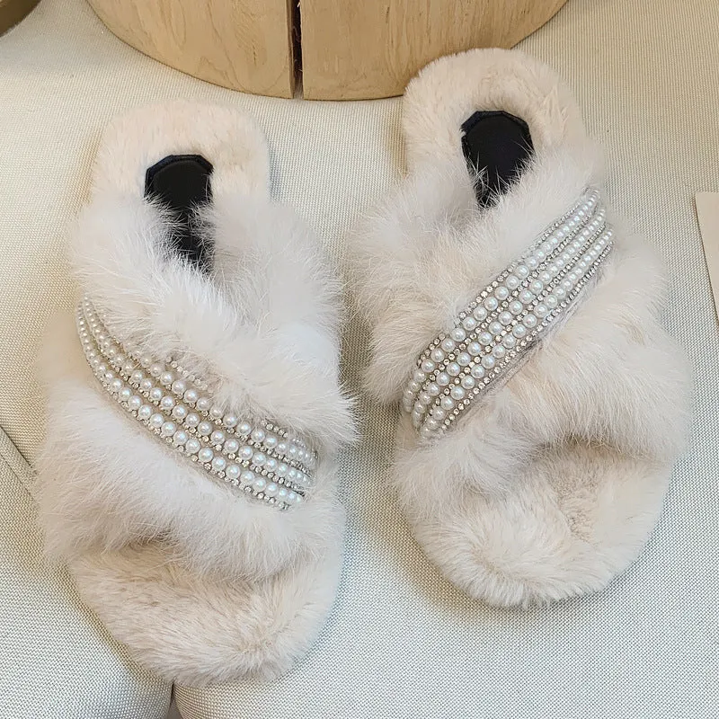 Criss Cross Plush Slippers with Pearls for Women