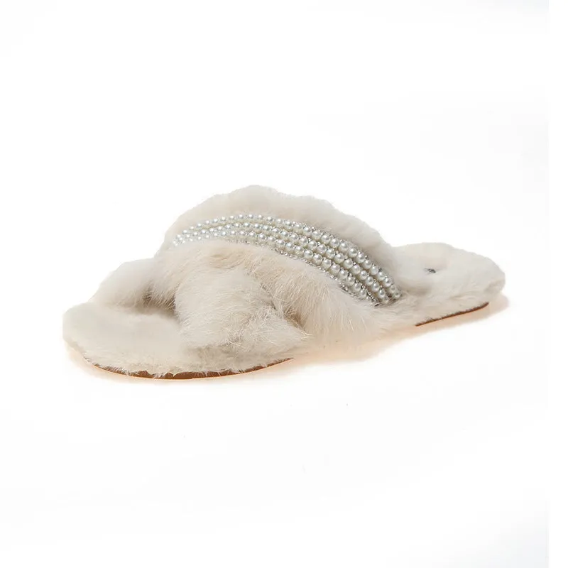 Criss Cross Plush Slippers with Pearls for Women