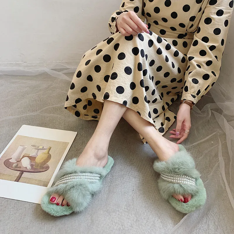 Criss Cross Plush Slippers with Pearls for Women