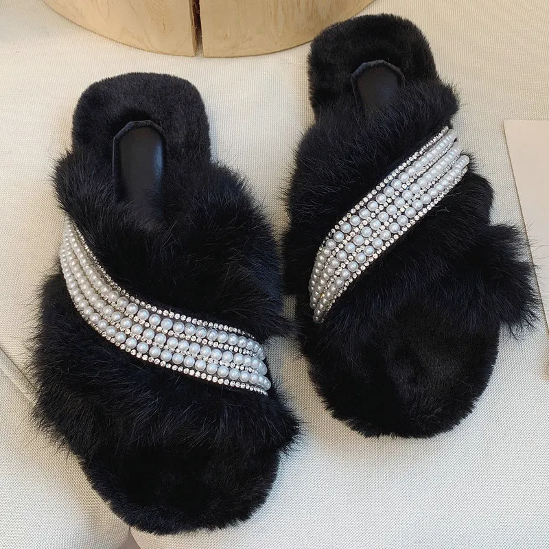 Criss Cross Plush Slippers with Pearls for Women