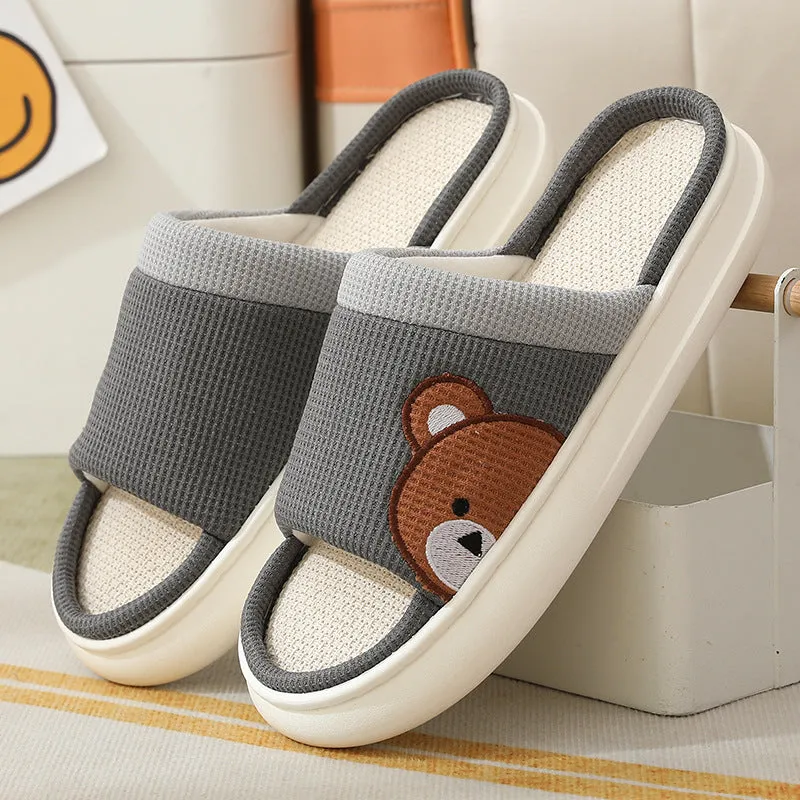 Cute Cartoon Bear Linen Slippers For Women Indoor Non-slip Sweat-absorbent Breathable Slip On Floor Bedroom Slipper House Shoes