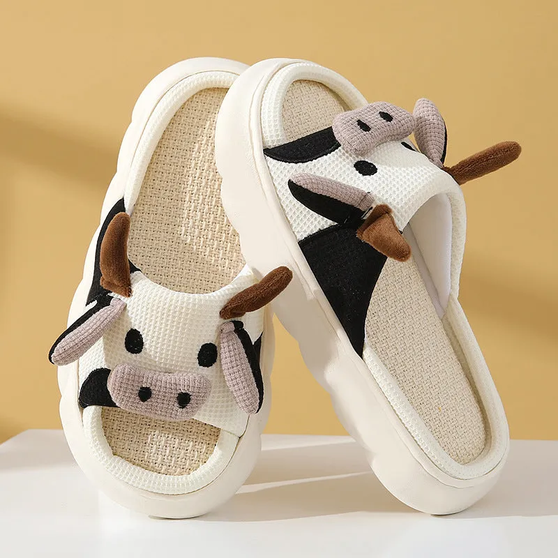 Cute Cartoon Cow Frog Slippers Linen Non-slip Shoes Indoor Garden Home Slippers