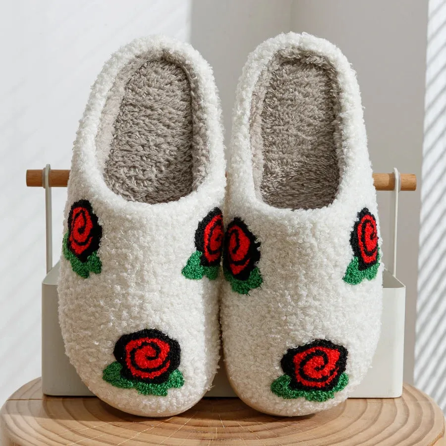 Fleece Slippers with Rose Embroidery for Women