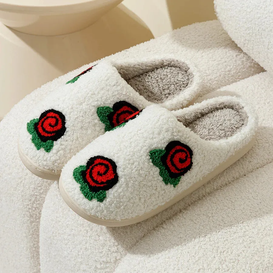 Fleece Slippers with Rose Embroidery for Women