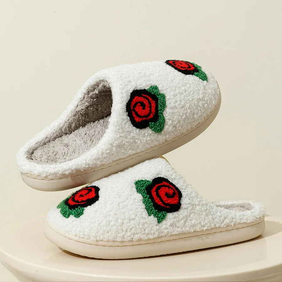 Fleece Slippers with Rose Embroidery for Women