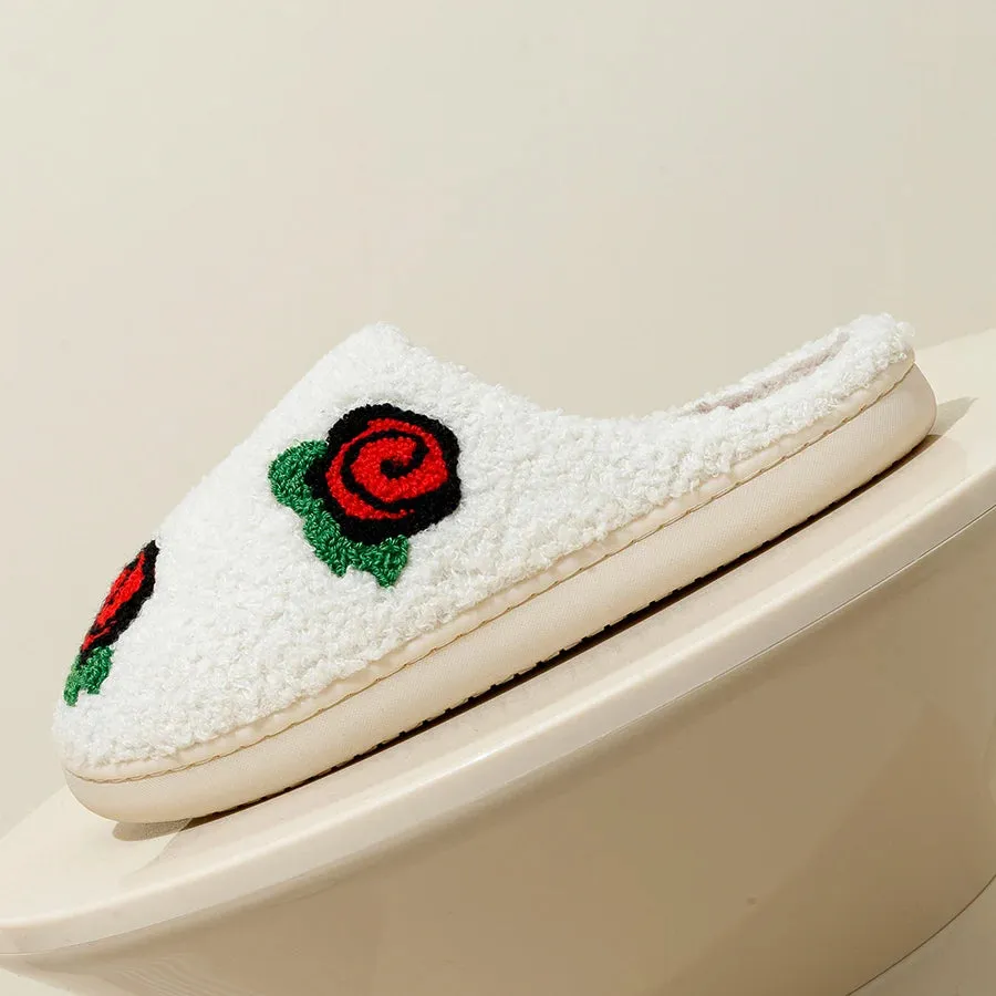 Fleece Slippers with Rose Embroidery for Women