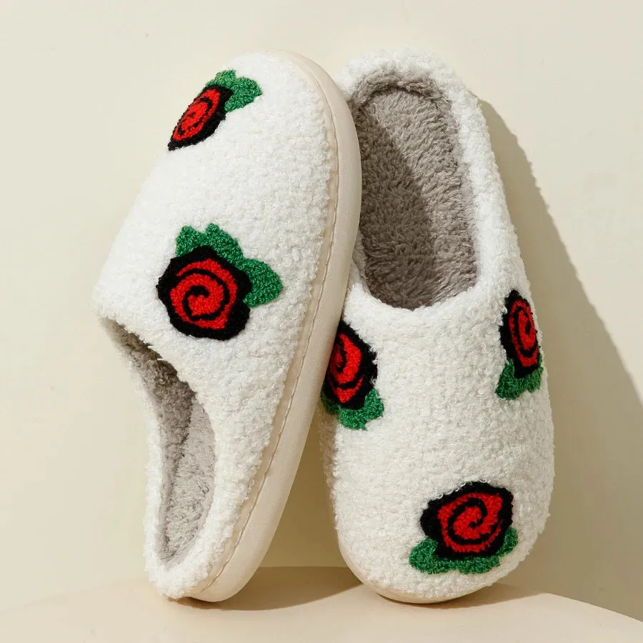 Fleece Slippers with Rose Embroidery for Women