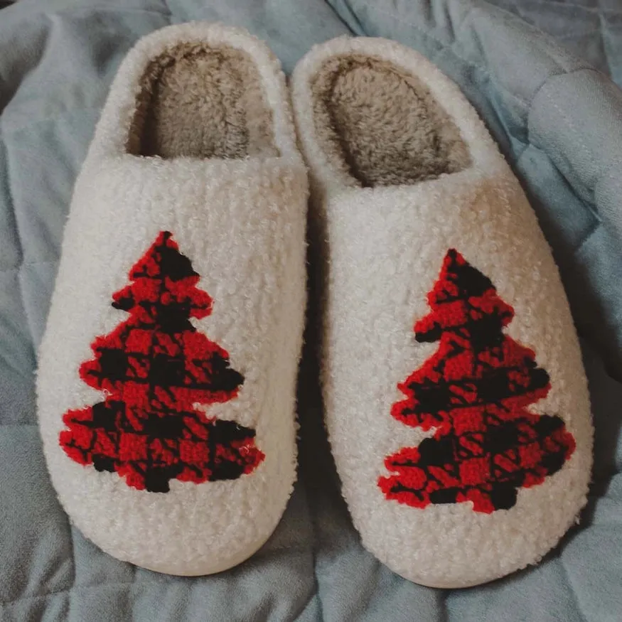 Katydid Buffalo Plaid Christmas Tree Sherpa Slippers FINAL SALE