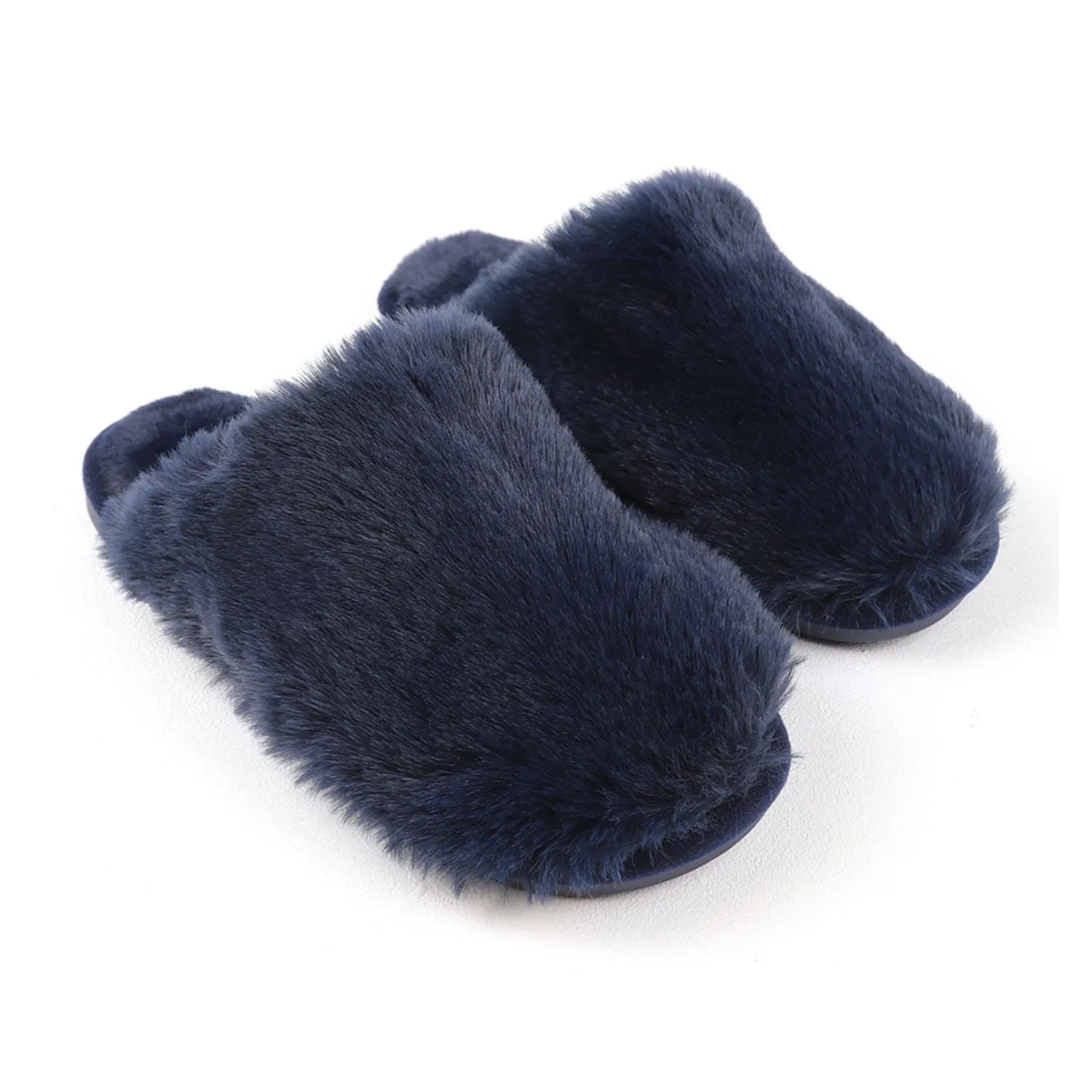 POM Navy Faux Fur Closed Mule Slippers S/M