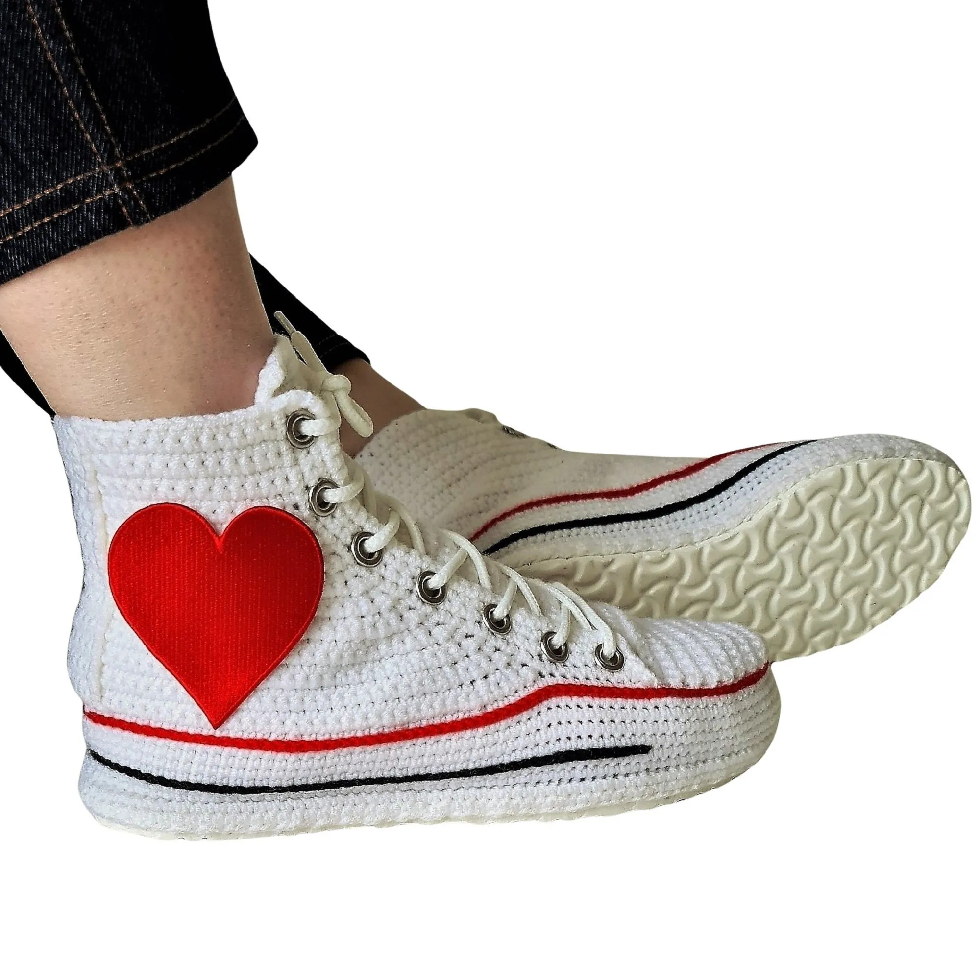 White Converse Embroidery Love Heart Patch High Tops Platform Sneakers Slippers Plush Shoes