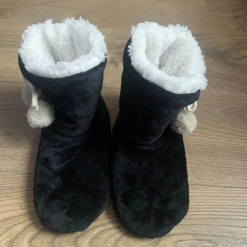 Winter Slipper Boots Womens Fluffy Plush Bootie Slippers with Pom Poms