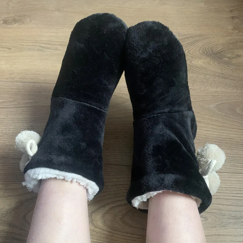 Winter Slipper Boots Womens Fluffy Plush Bootie Slippers with Pom Poms