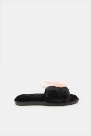 Women Black Bunny Trim Slipper