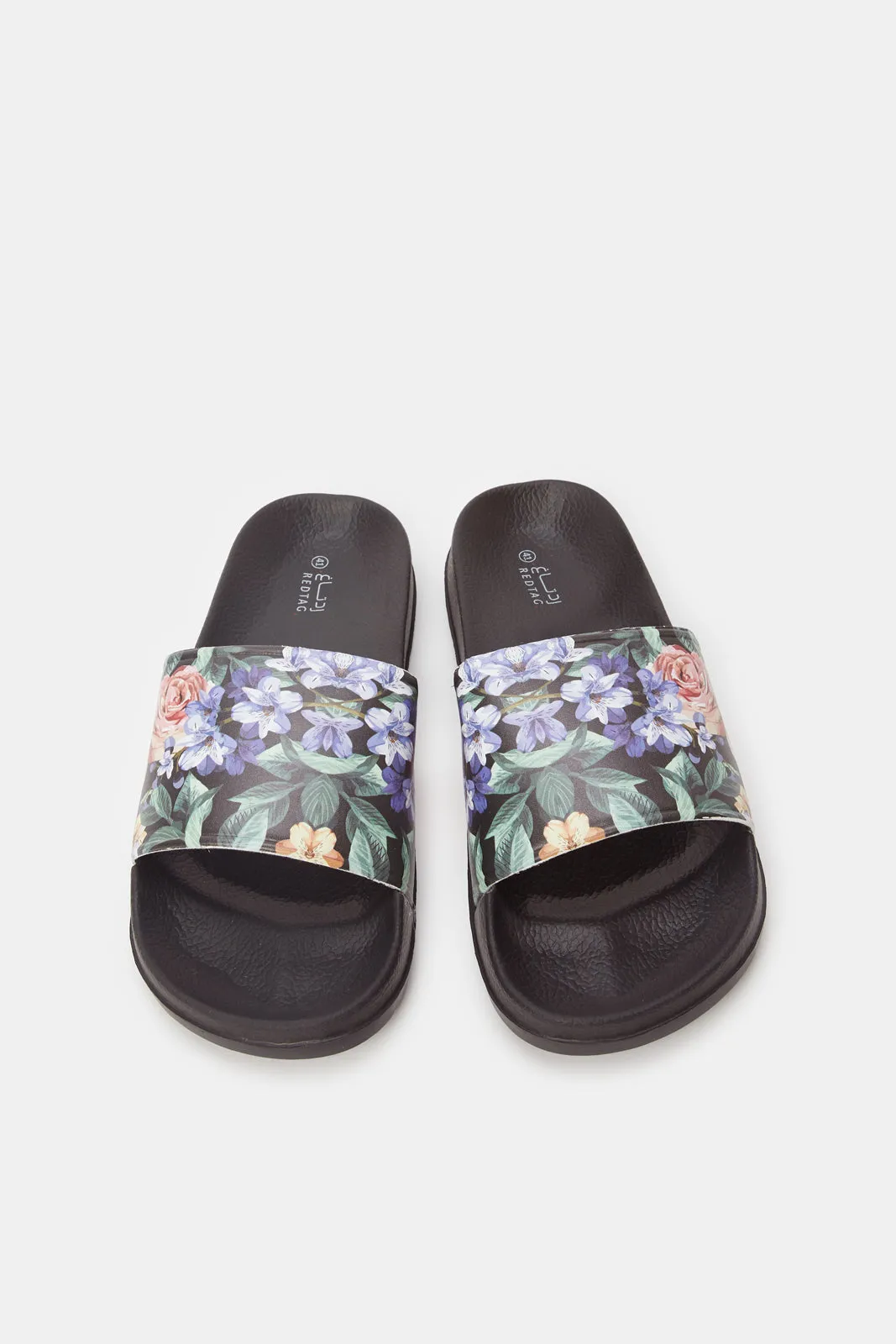 Women Black Floral Print Slide