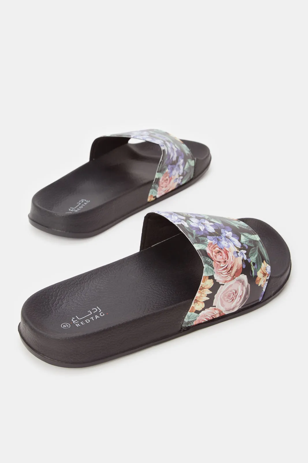 Women Black Floral Print Slide