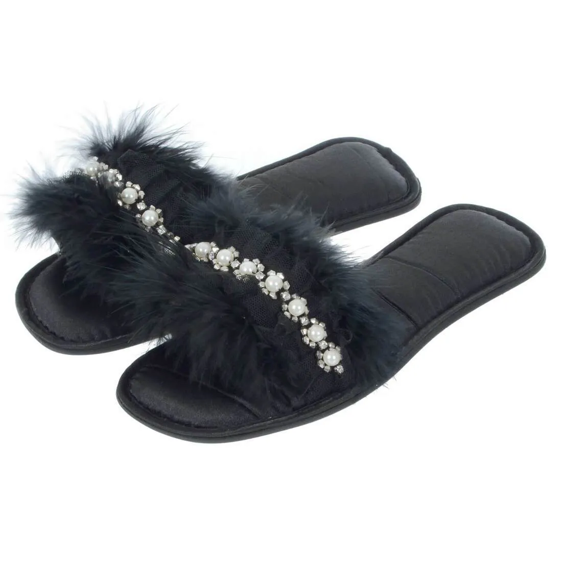 Womens Abbie Mule Slippers Faux Fur Pearls Diamante Open Toe