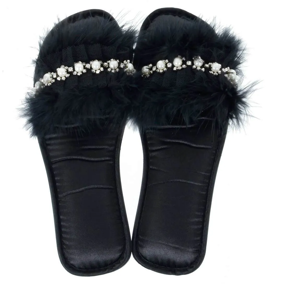 Womens Abbie Mule Slippers Faux Fur Pearls Diamante Open Toe