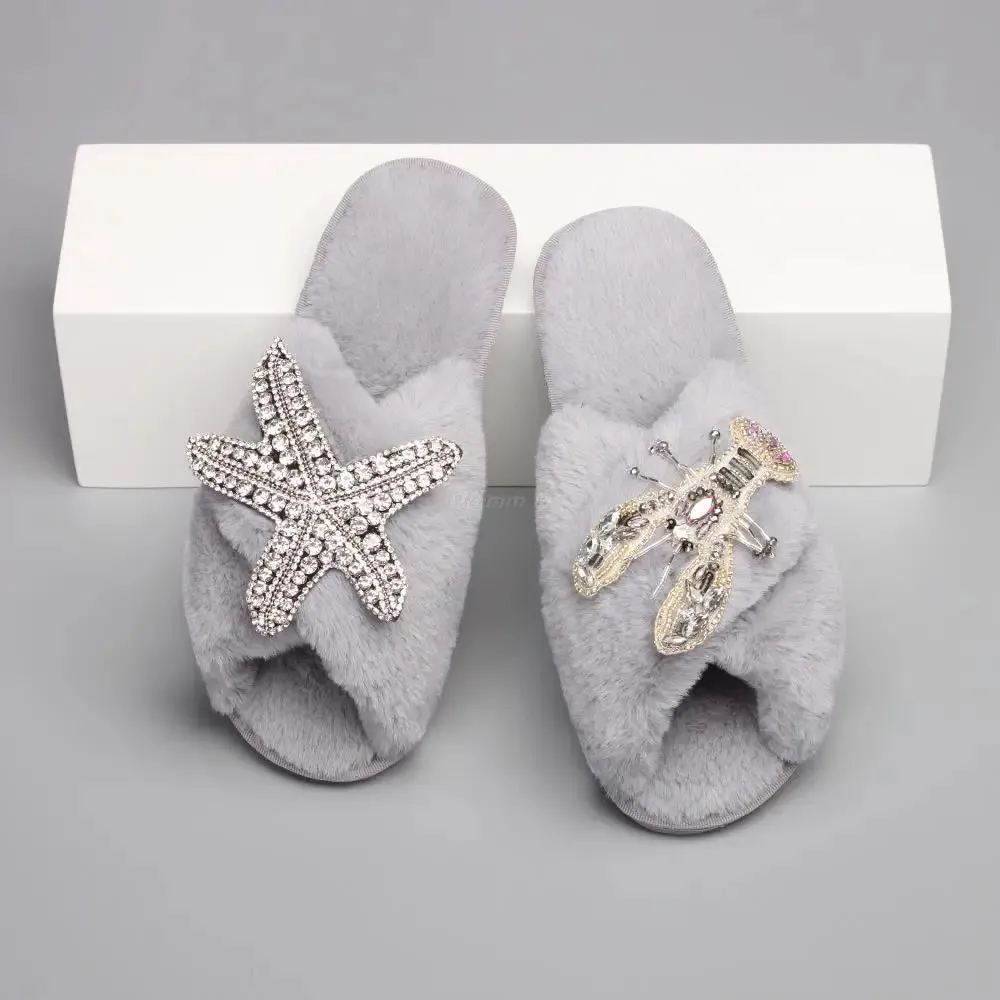 Women's Cross Strap Slippers with Rhinestone Starfish and Lobster