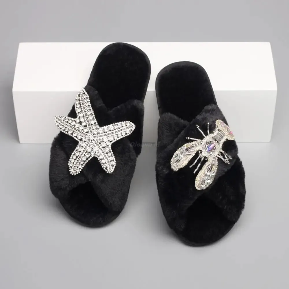 Women's Cross Strap Slippers with Rhinestone Starfish and Lobster