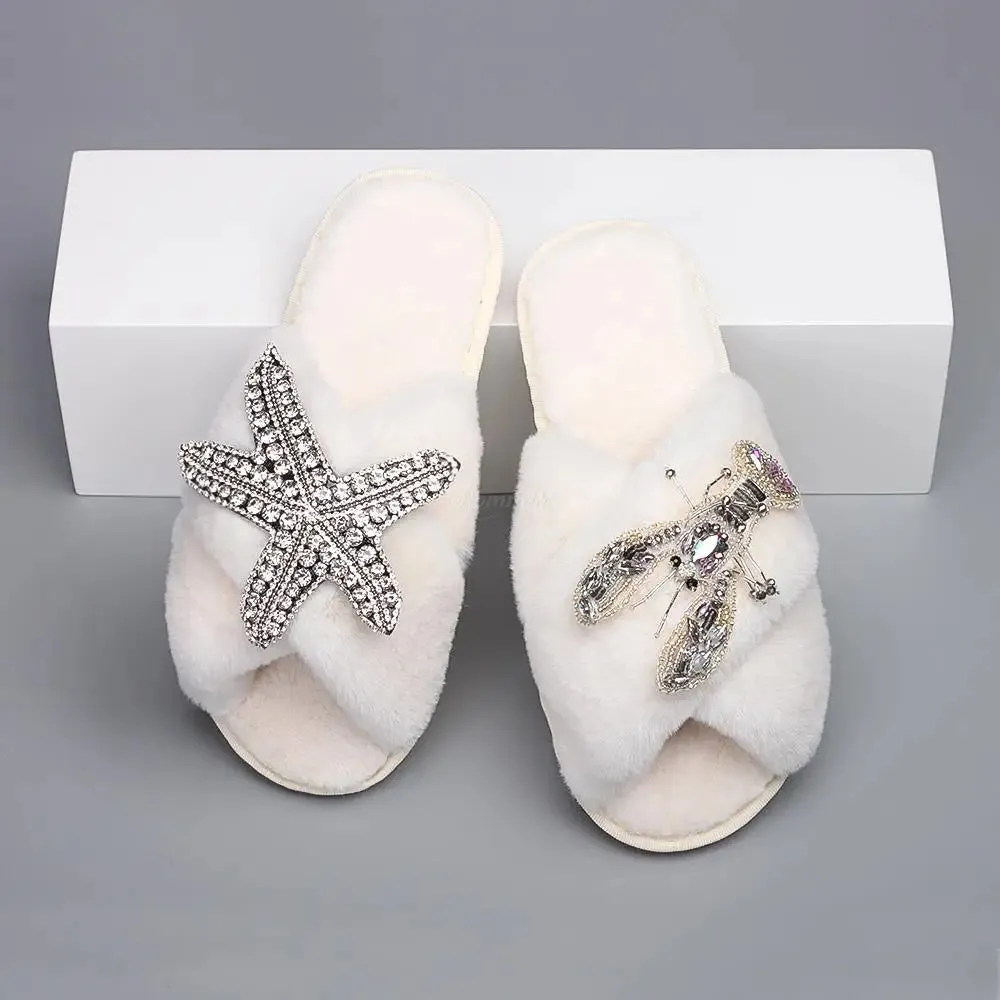 Women's Cross Strap Slippers with Rhinestone Starfish and Lobster