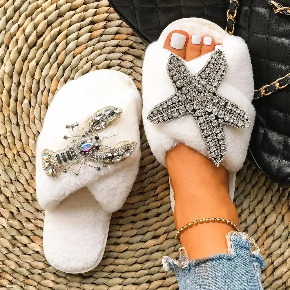 Women's Cross Strap Slippers with Rhinestone Starfish and Lobster