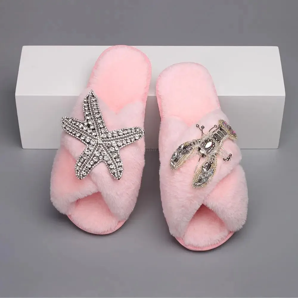 Women's Cross Strap Slippers with Rhinestone Starfish and Lobster