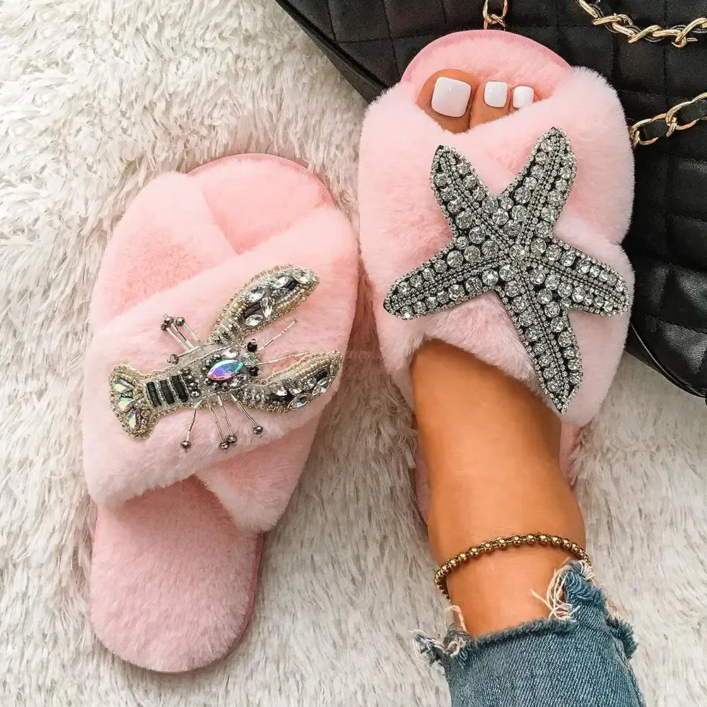 Women's Cross Strap Slippers with Rhinestone Starfish and Lobster