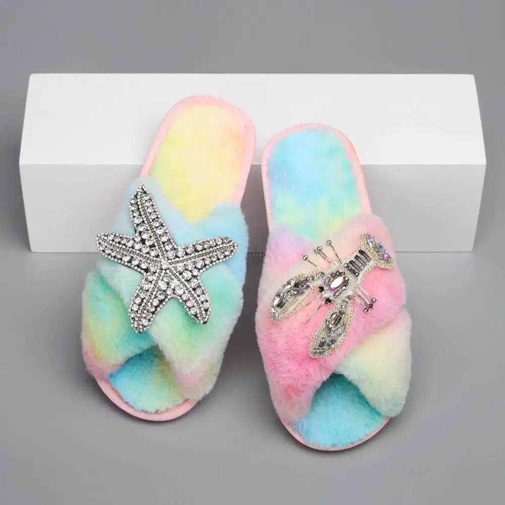 Women's Cross Strap Slippers with Rhinestone Starfish and Lobster