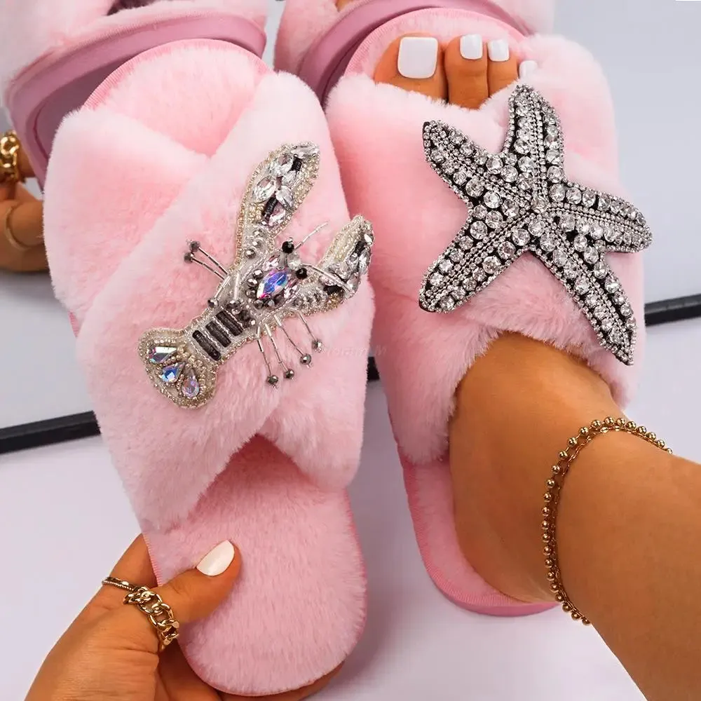 Women's Cross Strap Slippers with Rhinestone Starfish and Lobster