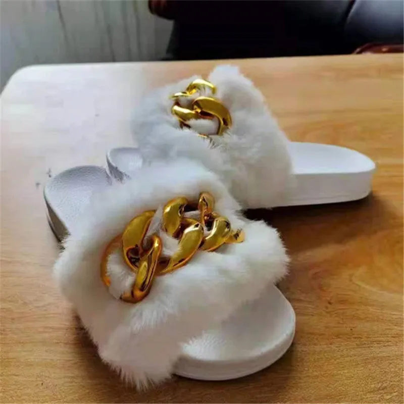 Women's Faux-Fur Slippers with Gold Links