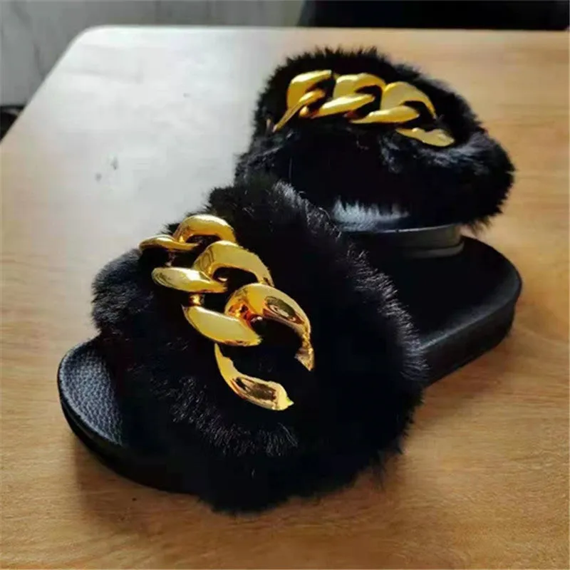 Women's Faux-Fur Slippers with Gold Links