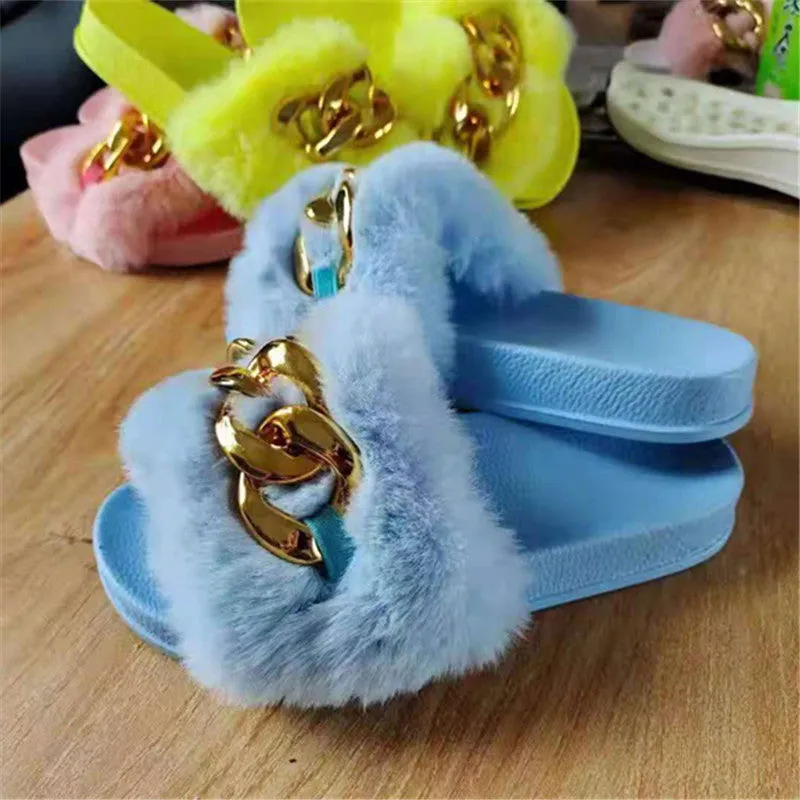 Women's Faux-Fur Slippers with Gold Links