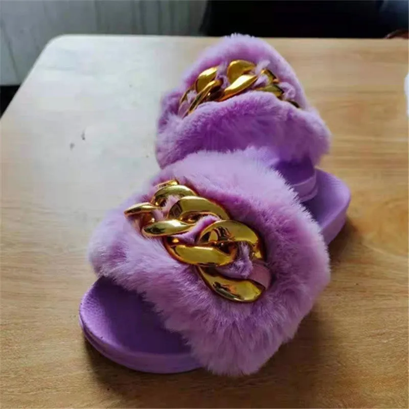 Women's Faux-Fur Slippers with Gold Links