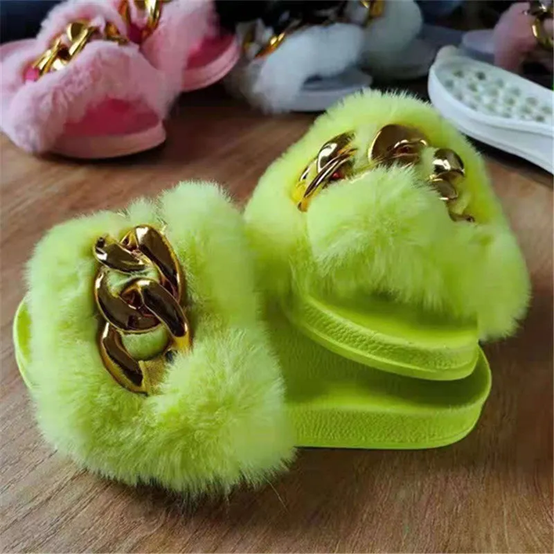 Women's Faux-Fur Slippers with Gold Links