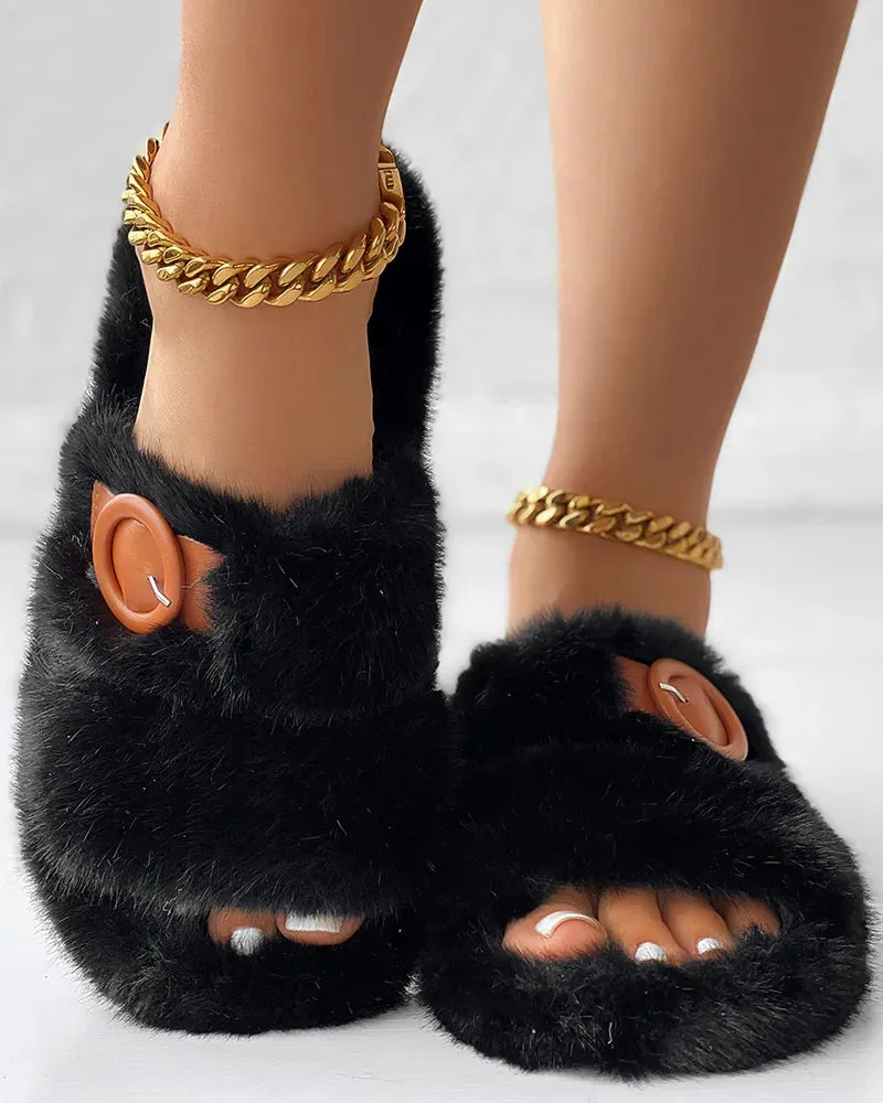 Women's Fur Slipper Slides with Buckle