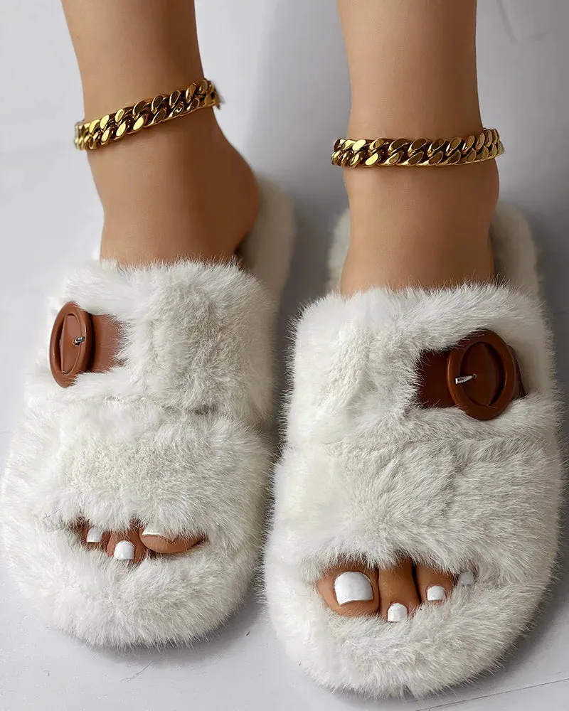 Women's Fur Slipper Slides with Buckle