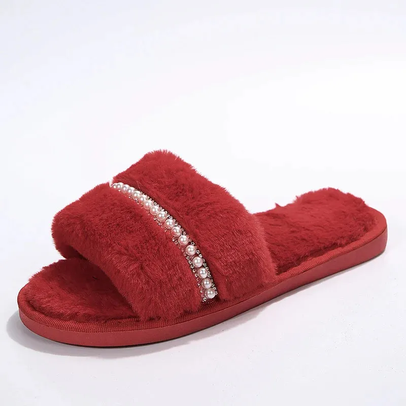 Women's Fur Slippers with Pearls and Rhinestones