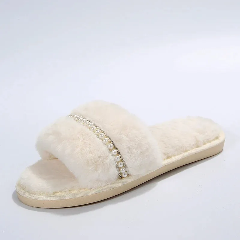 Women's Fur Slippers with Pearls and Rhinestones