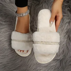 Women's Fur Slippers with Pearls and Rhinestones