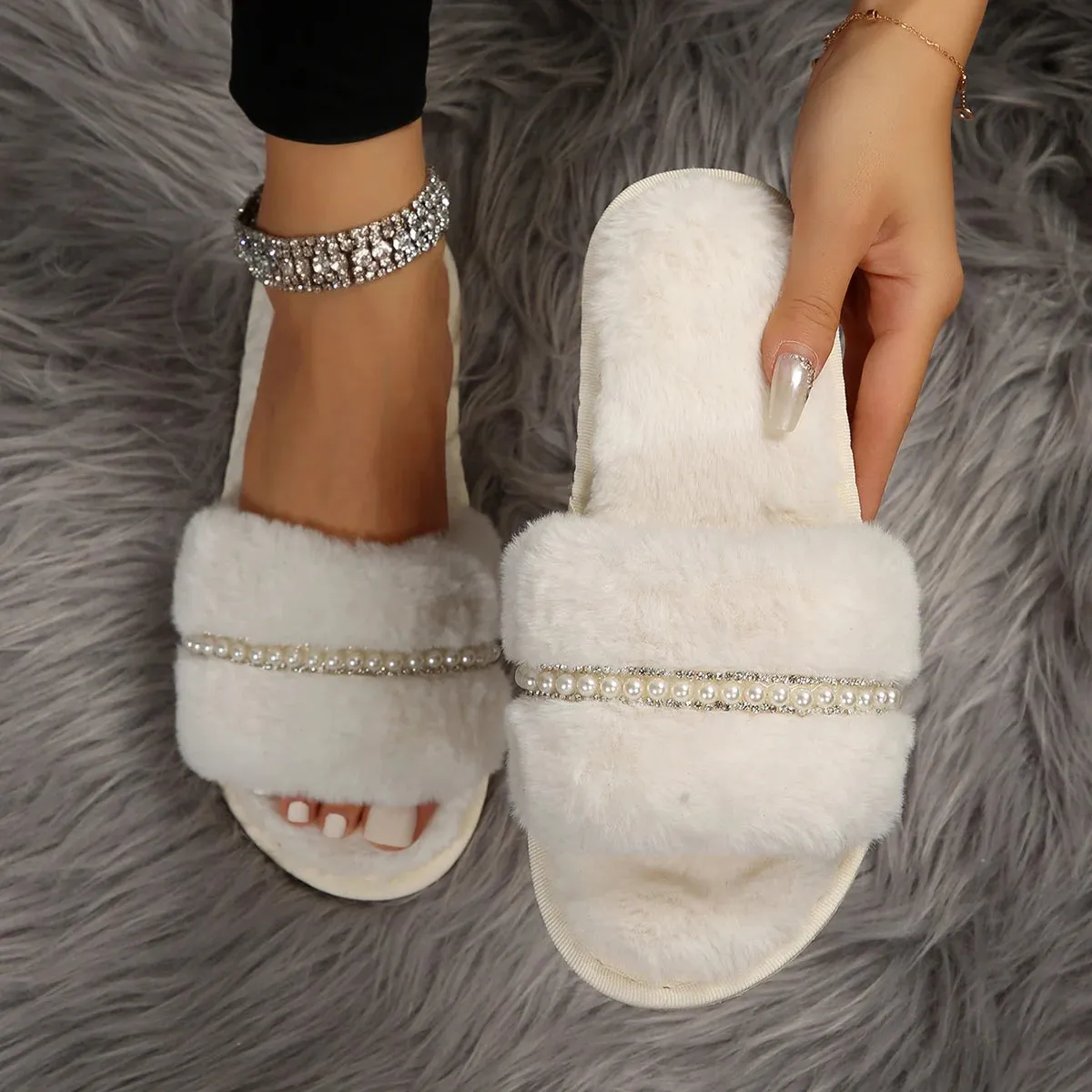 Women's Fur Slippers with Pearls and Rhinestones