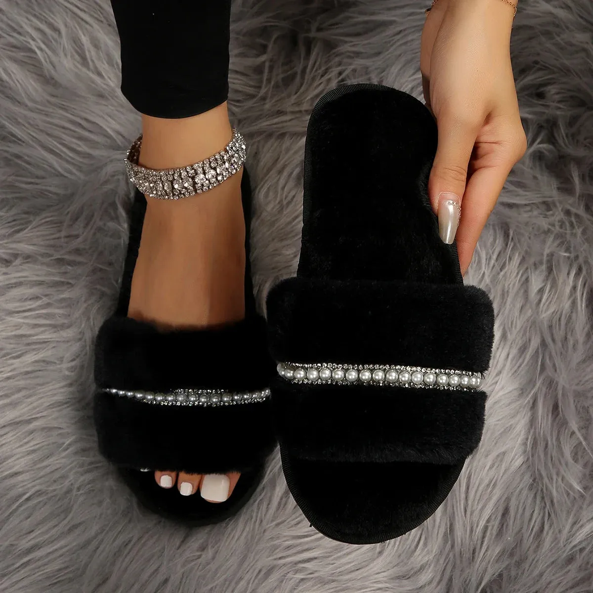 Women's Fur Slippers with Pearls and Rhinestones